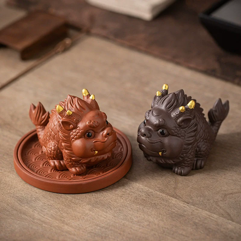 Chinese Dragon Koi Fish Statue Purple Sand Mythical Creature Tea Pet, Wealth Luck Office Desk Ornament, Feng Shui Tea TableDecor