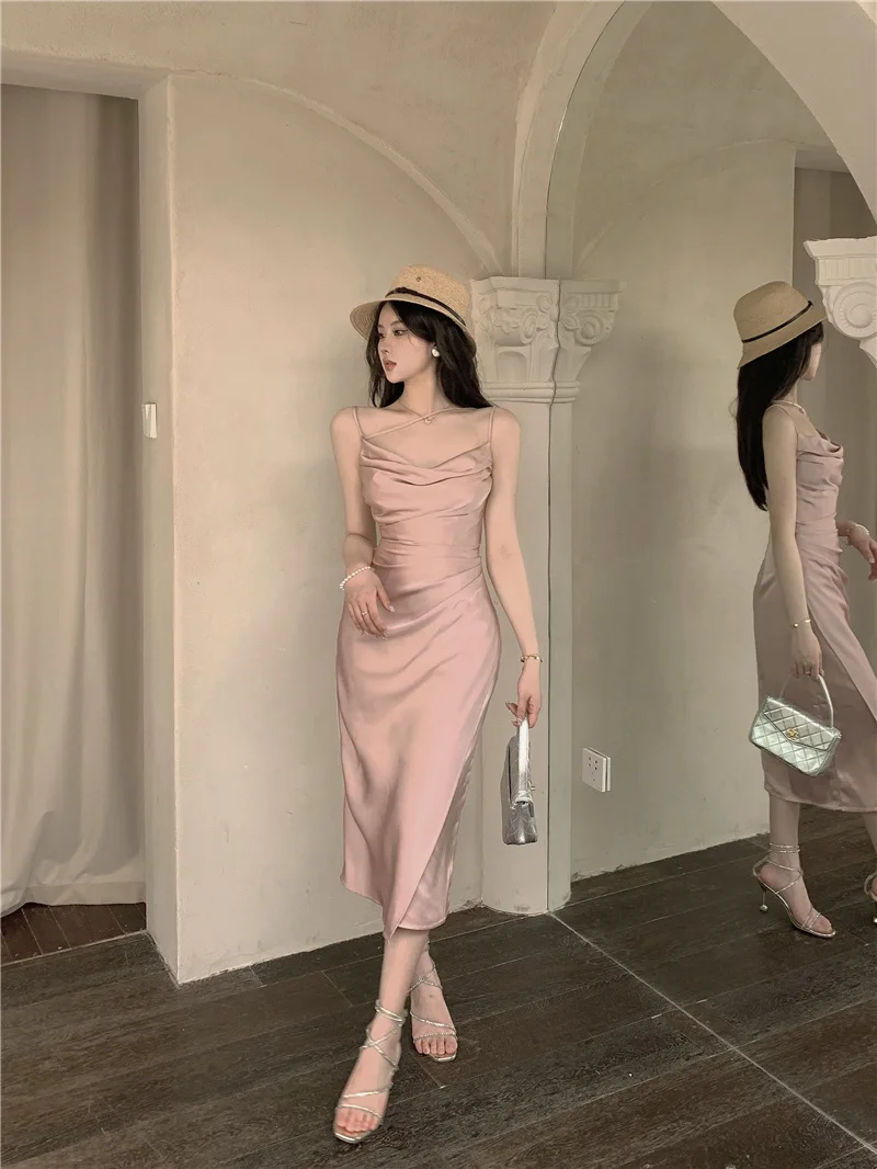 Sexy Satin Midi Dress Women New Summer Spaghetti Strap Slim Swinging Collar Split Evening Party Dresses Prom One Piece Vestido