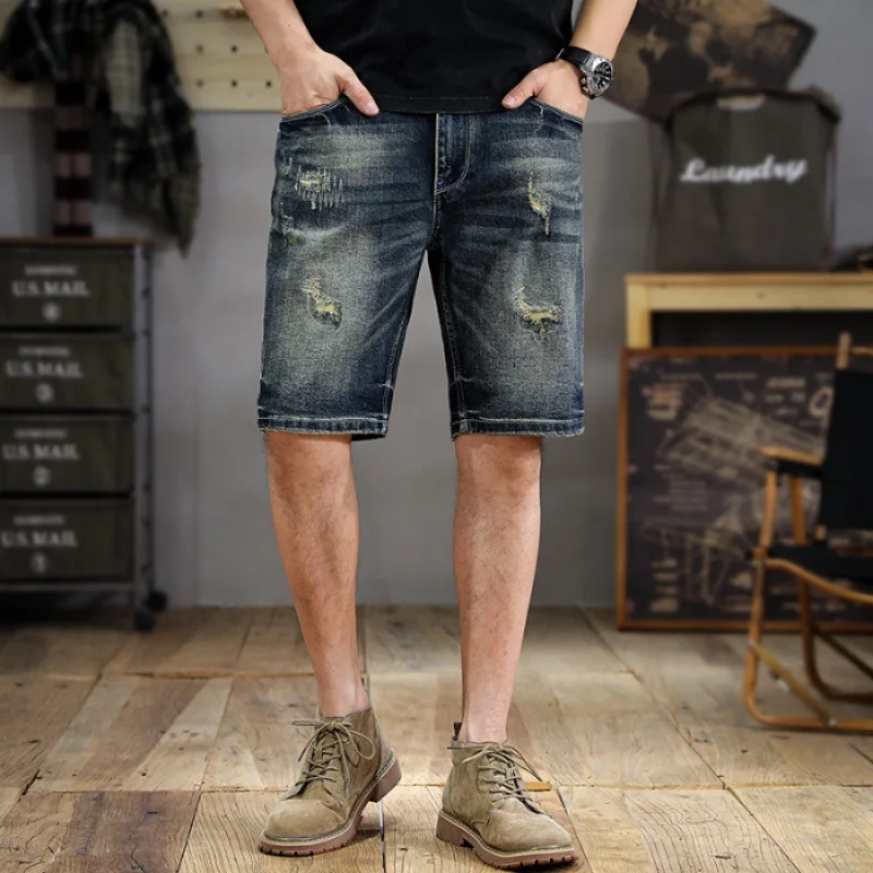 Retro Washed Distressed Scrape Denim Shorts Men's Summer New 2024 Fashion Printed Design Slim Ripped Cropped Pants