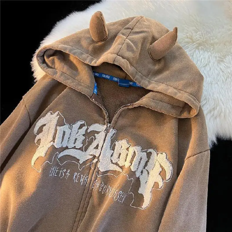 Autumn Fashion Zip Up Hoodies Women Letter Harajuku Embroidery Hooded Sweatshirt Retro Long Sleeve Cardigan Street Tops