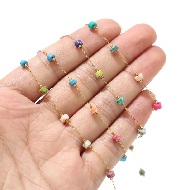 2Meters Gold Plated Stainless Steel Mixed Round Flat Stones Charm 4mm Beaded Rosary Chains For DIY Jewelry Making Findings
