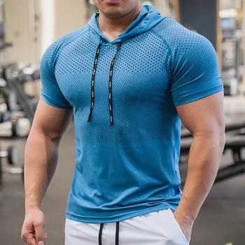 Men Running Hoodies Bodybuilding Sport Hooded Short Sleeve Gyms Fitness Clothing Muscle Shirt Quick Drying Training T-Shirt 1