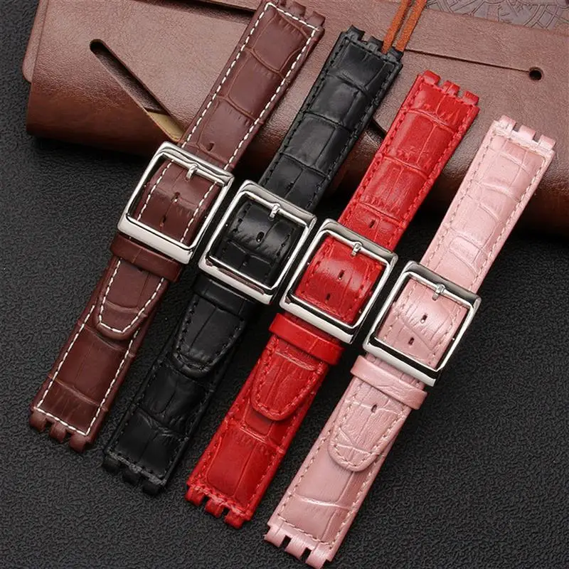SCHIK 17mm 19mm Genuine Calf Leather Wrist Strap For Swatch Watch Band Men Women Alligator Pattern Bracelet Watchband