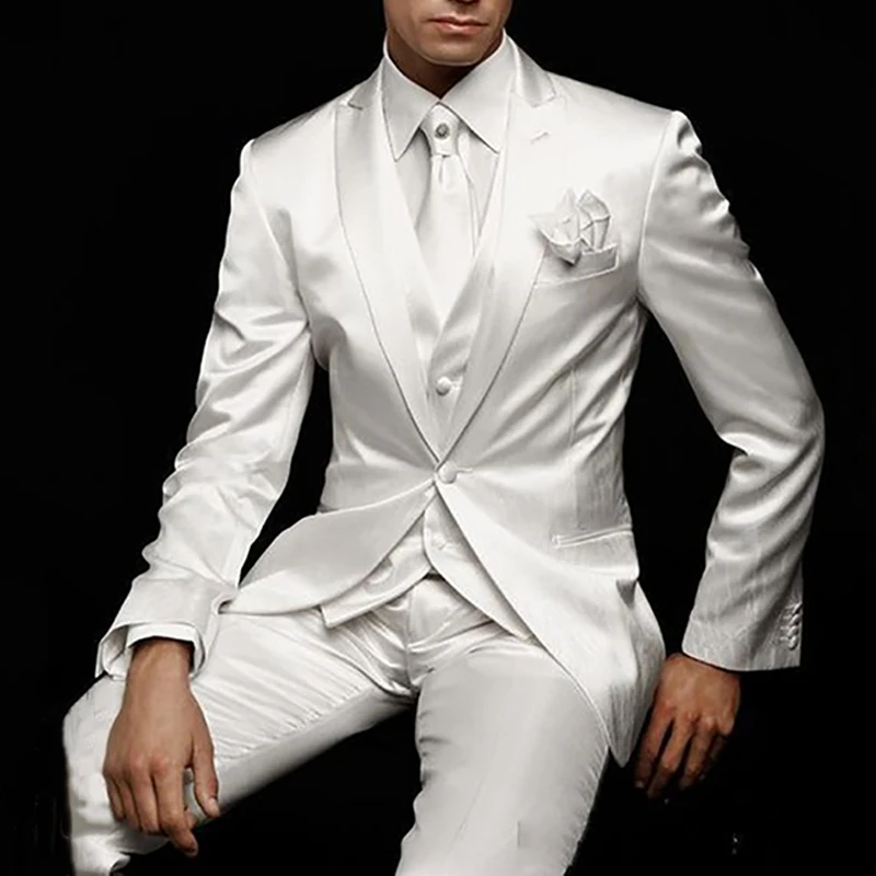 

White Groom Tuxedo for Wedding 3 Piece Satin Slim Fit Men Suits Prom Male Fashion Jacket Vest with Pants Custom Costume 2023