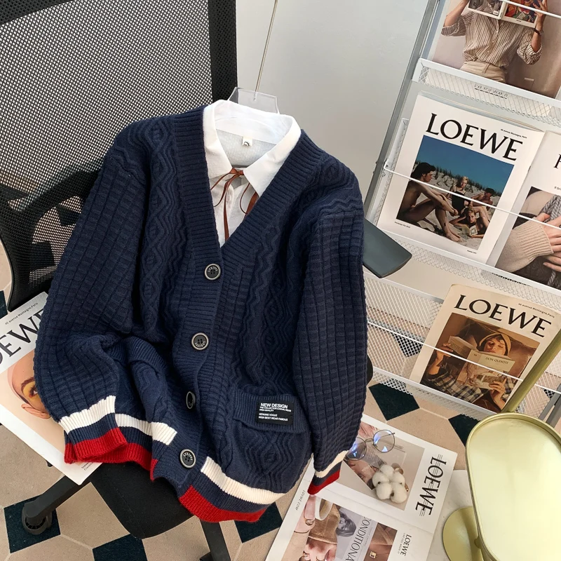 

Striped Vintage Oversized Cardigans for Women Korean Style Elegant Loose Knitted Jackets 2023 New Autumn Winter Sweater Coats
