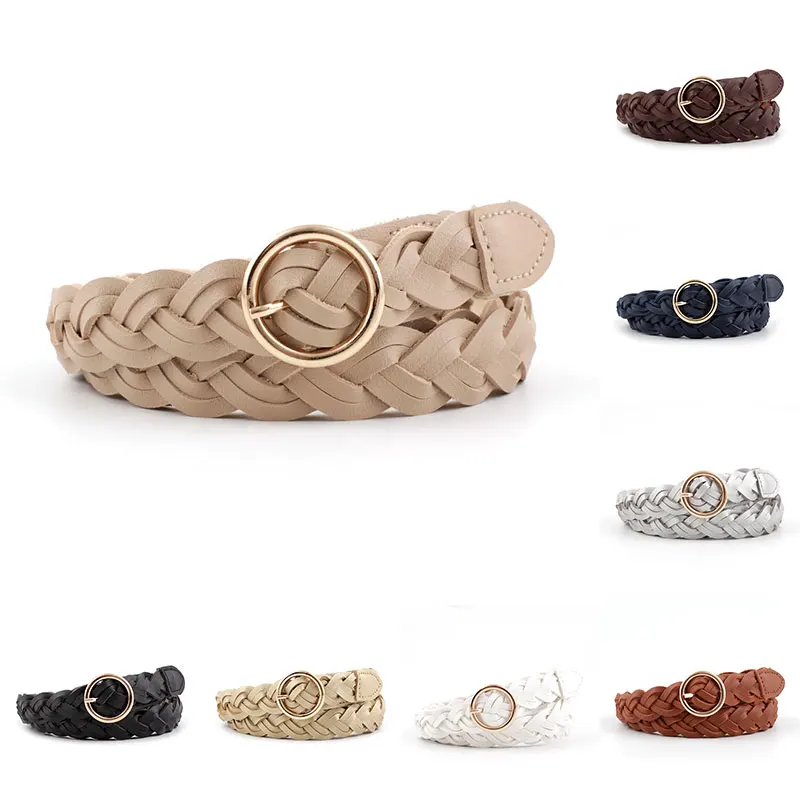 

Women Knitted Belts Solid Color PU Leather Braided Decorative Thin Waist Belt Round Gold Pin Buckle Jeans Waistband