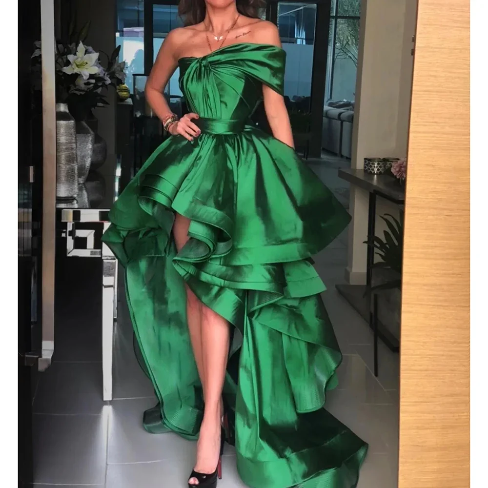 

Green Evening Dress Sleeveless High/Low Strapless Satin Pleat Tiered Special Occasion Prom Long Dresses Elegant WomenML-081