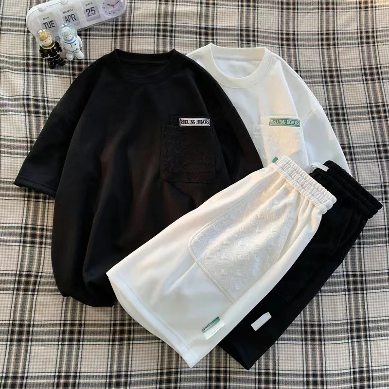 2024 Summer New Men's Hong Kong Style Leisure Fashion Set Thin Loose Breathable Short Sleeve Shorts Sports Set Two Piece Set 2