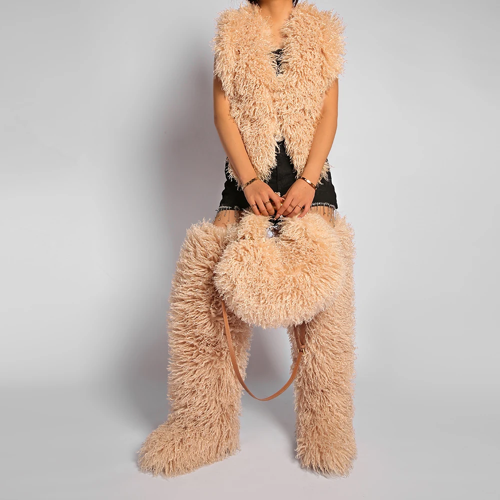 Womens 29 Inch Over The Knee Faux Mongolian Thigh Highs Faux Fur Boots Y2k Fluffy Mardi Gras Mambo FurBoots Boots
