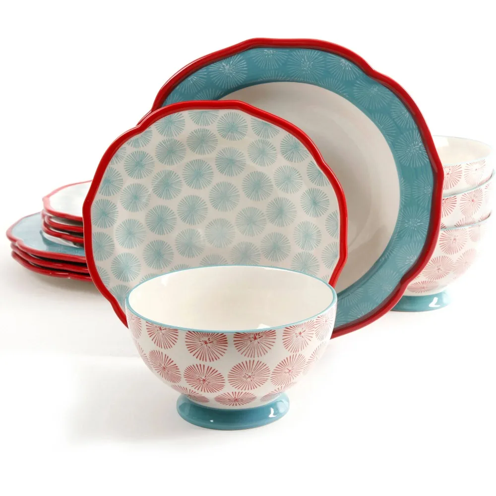 

12 Piece Tableware Set, Red Durable Rough Ceramic Structure