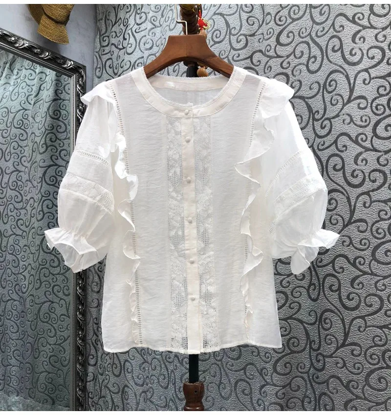 

High Quality Shirts 2023 Spring Summer Style Blouses Lady Lace Embroidery Ruffle Floral Short Sleeve Casual White Tops Shirt