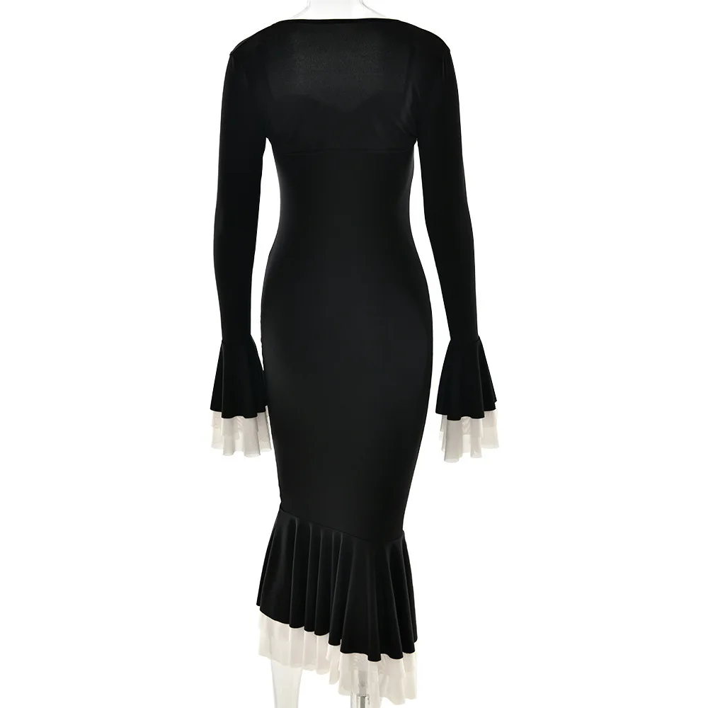 Elegant Long Flared Sleeve Elastic Tight Women Two-piece Set Autumn/Winter New 2025 Sexy Party Club Evening Dress