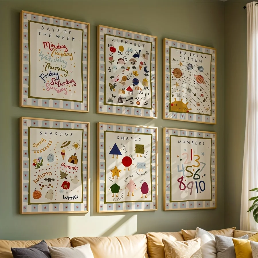 6PCS Sheets/set A Mix of Educational Printed Materials, Bohemian-style Playroom Wall Art, Frameless Letter Posters