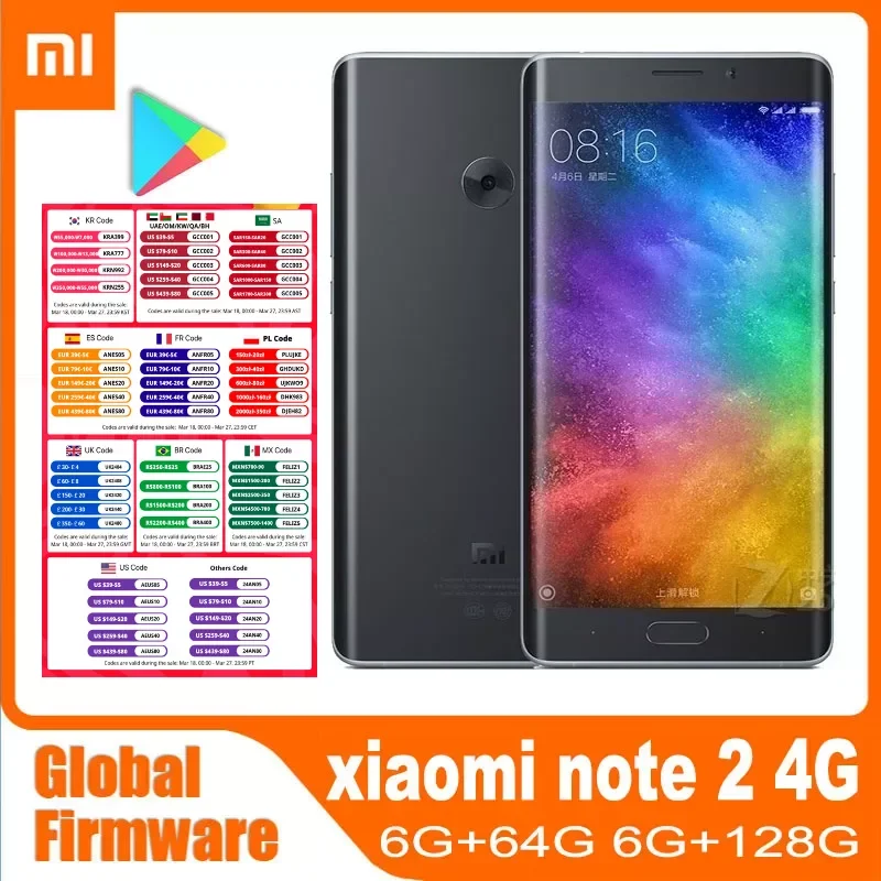 Cellphone Xiaomi Mi Note 2 Smartphone 6g 128g Qualcomm Snapdragon 821