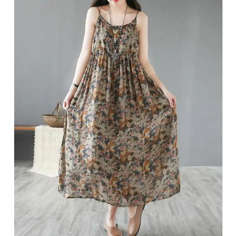 Women's Summer French Floral Waist Vest Dress High-End: Thin Strap Midi/Maxi Length Sleeveless