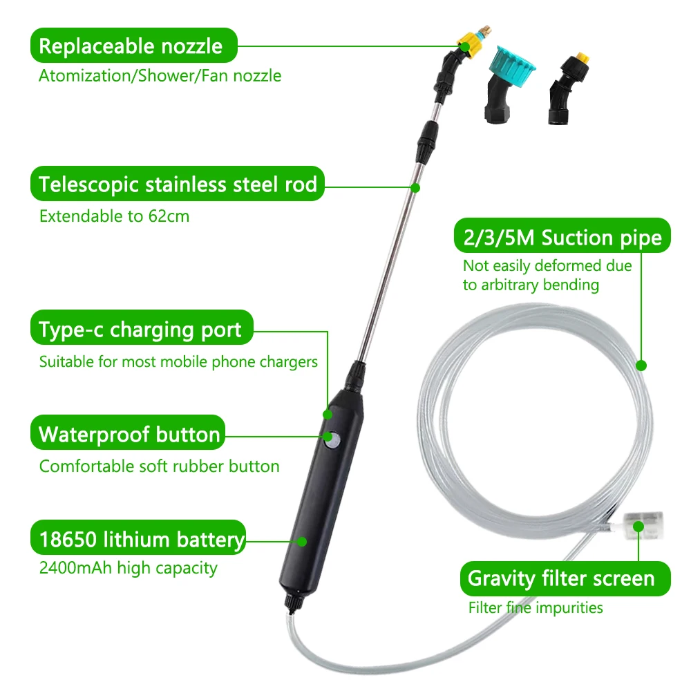 Portable Electric gardening sprayer Irrigation Tool USB 2400mah Rechargeable Telescopic Handle with 3 Nozzles for Yard Plant