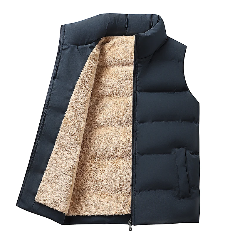 

Autumn Winter Men's Pockets Turtleneck Zipper Solid Flocked Sleeveless Cardigan Vests Coats Loose Vintage England Style Tops