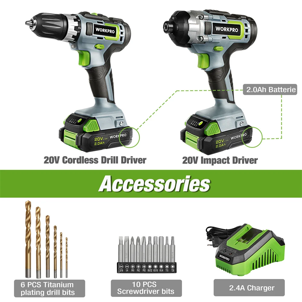 WORKPRO 20V 무선 드릴 콤보 키트, 드릴 드라이버 및 임팩트 드라이버, 2x 2.0Ah 배터리 및 1 시간 고속 충전기 포함