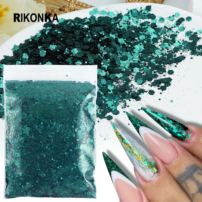 50G Mix Chunky Glitter Deep Blue Hexagons Sequins Emerald Green Paillette  Nail Supplies For Professionals DIY French Charms Tips