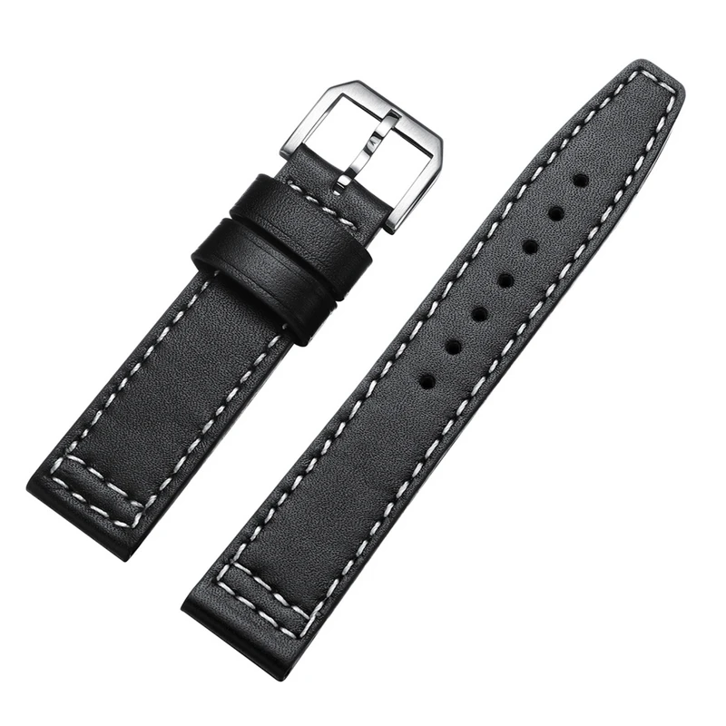Pilot Strap 20mm Leather Strap Watch Accessories High Quality Soft Materials Smooth Black Strap Wrist Strap Silver Pin Buckle