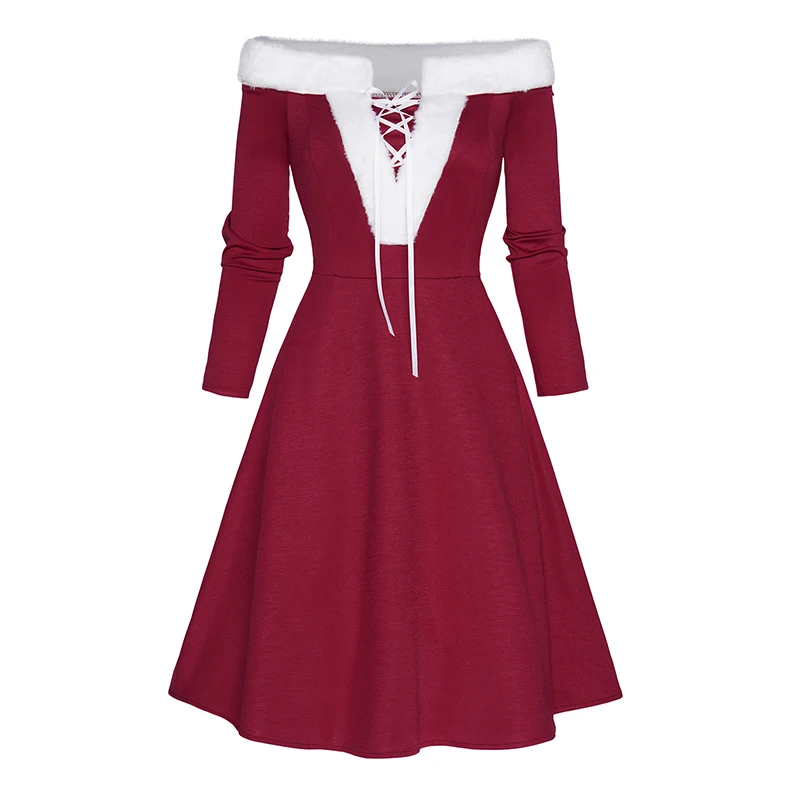 

Womens Christmas Dress Off the Shoulder Faux Fur Panel Lace Up Long Sleeve A Line Midi Dress Winter Dress 2024 New