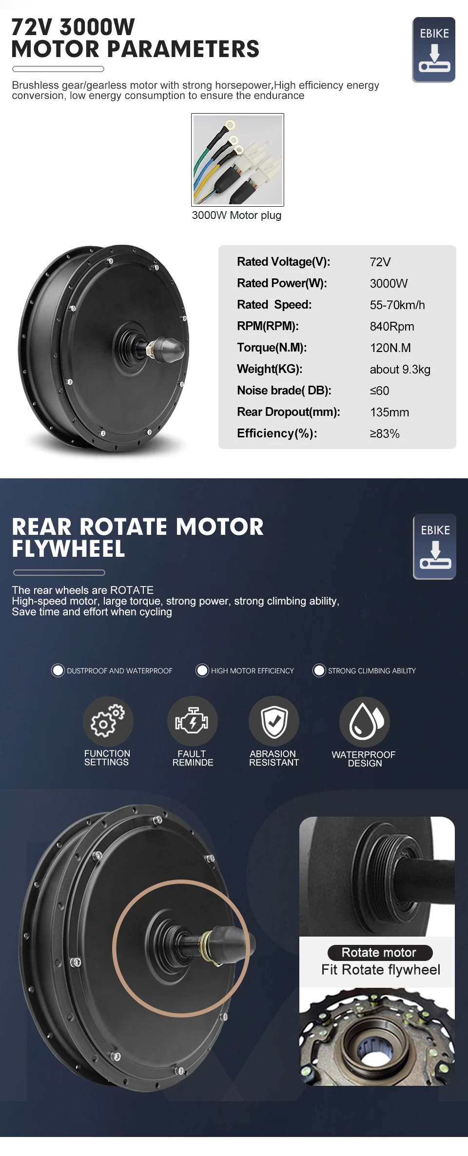Description Picture 5 of item72V 3000W Electric Bike Conversion Kit Rear Rotate Wheel Hub Motor Dropout 135mm For E-Bike Conversion Kit 20/26/27.5/28/29inch