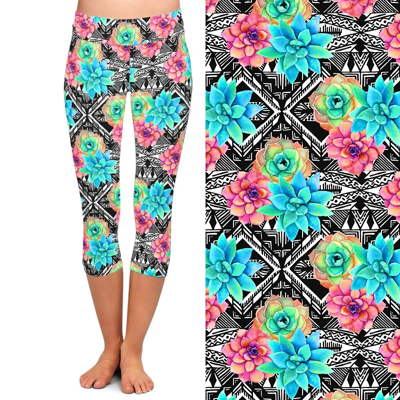 LETSFIND New Ssucculent Plants Flowers and Aztec Print Women Capri Leggings High Waist Fitness Soft Comfortable Pants