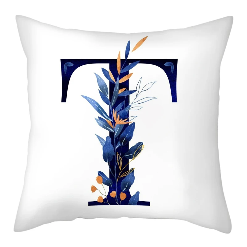 Simple Blue Leaf Alphabet Print Cushion Case 26 Letters Decoration Pillows Case Sofa Chair Livingroom Polyester Throw Pillowcase 