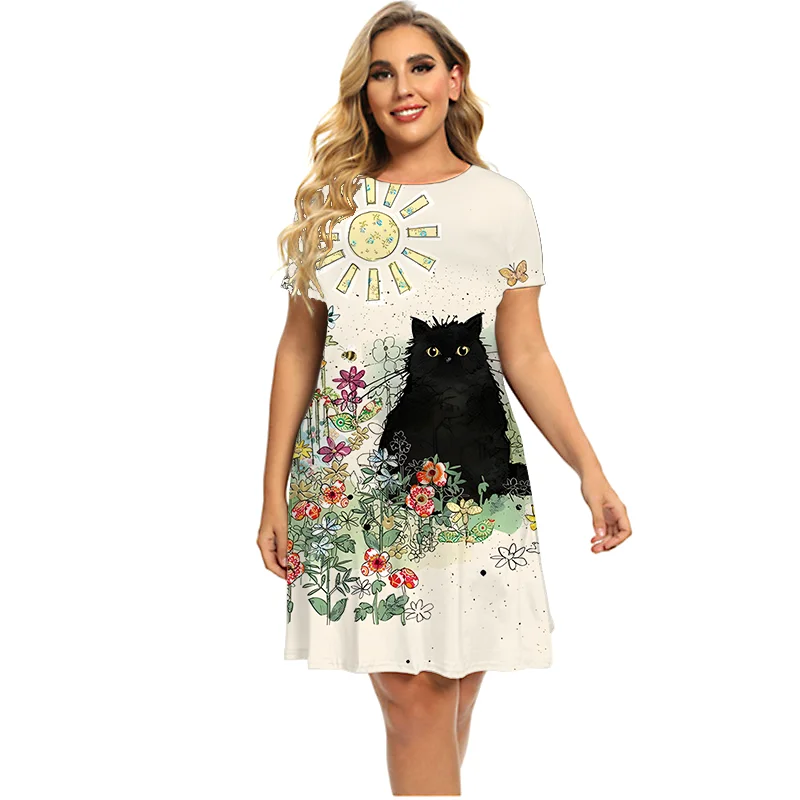 Summer Casual O Neck Loose Dress Plus Size, Women Short Sleeve Cat