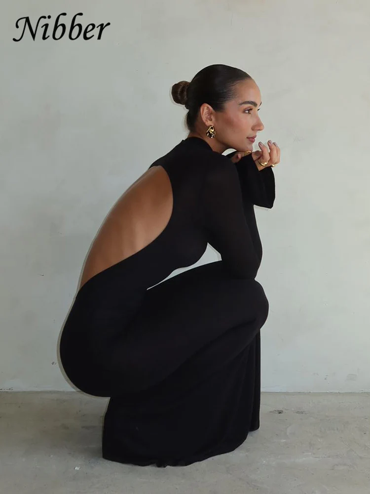 Nibber Classic Solid Backless Maxi Dress Women Elegant O-neck Evening Long Sleeve Dresses Robe Slim Female High Street Bodycon