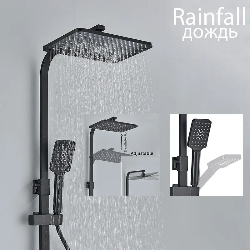 Black Shower Set Faucet 4 Ways Showers Faucet Systems Adjustable Mixers Tap For Bathe Free Rack Rainfall Modern Bathroom Faucets 3