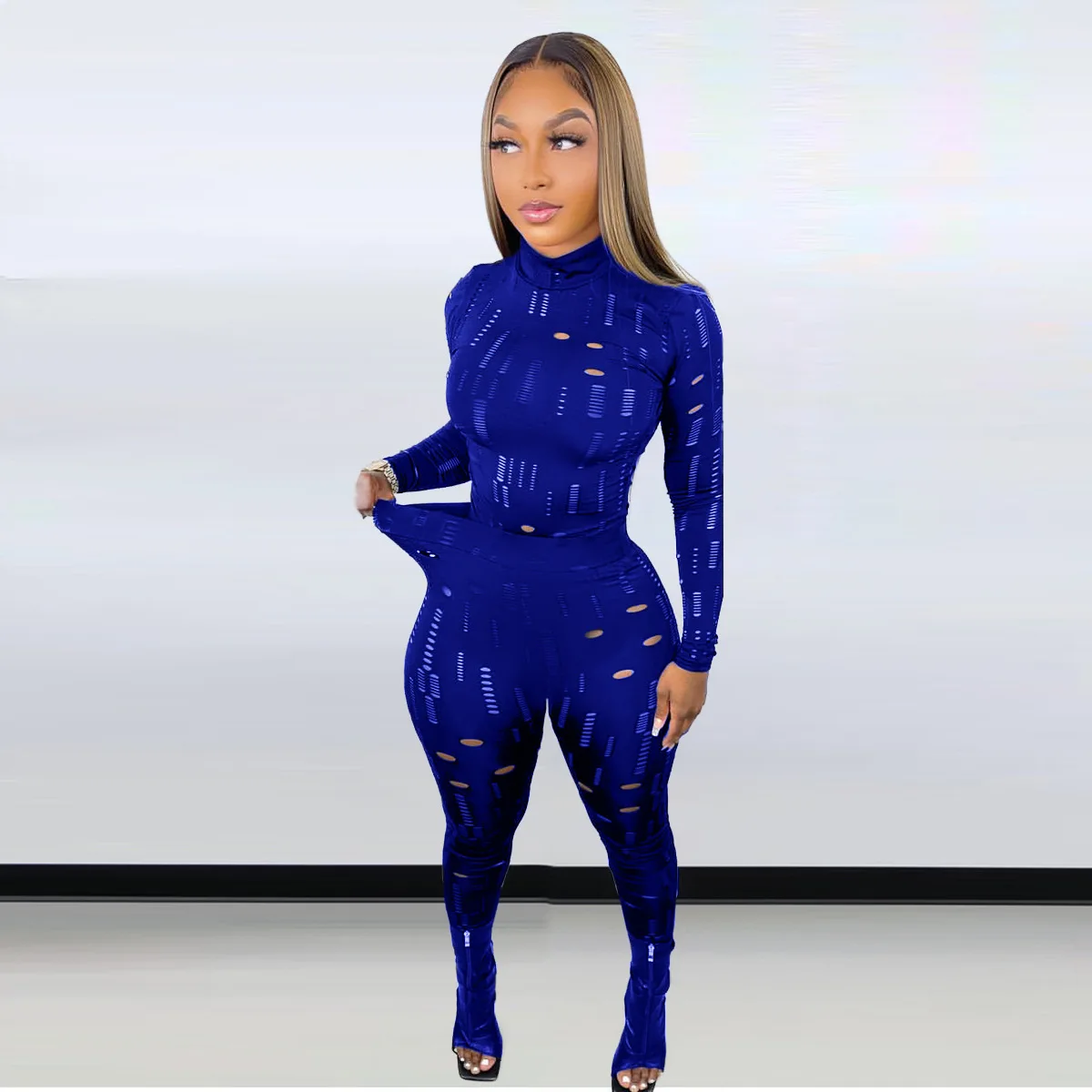 Women Tracksuit Two Piece Set Hole Design Fashion Trend Sexy Set Long Sleeve and Pencil Pants Suit Sport Black Fitness Outfits red pant suit