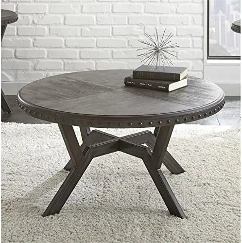 Contemporary Metal Round Coffee Table in Weathered Gray 4