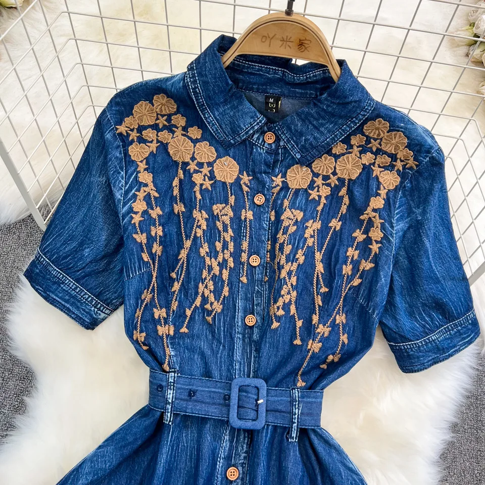 Blue Denim Long Dress for Women Ethnic Floral Embroidery Boho A-line Casual  Summer Vestidos Lapel Short Sleeve Dresses Lady Robe - AliExpress 200000345