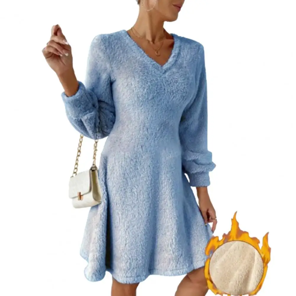

Stylish V-neck Outfit Cozy Plush V Neck Women's Fall Winter Dress A-line Loose Hem Warm Pullover Midi Dress with Long Sleeve