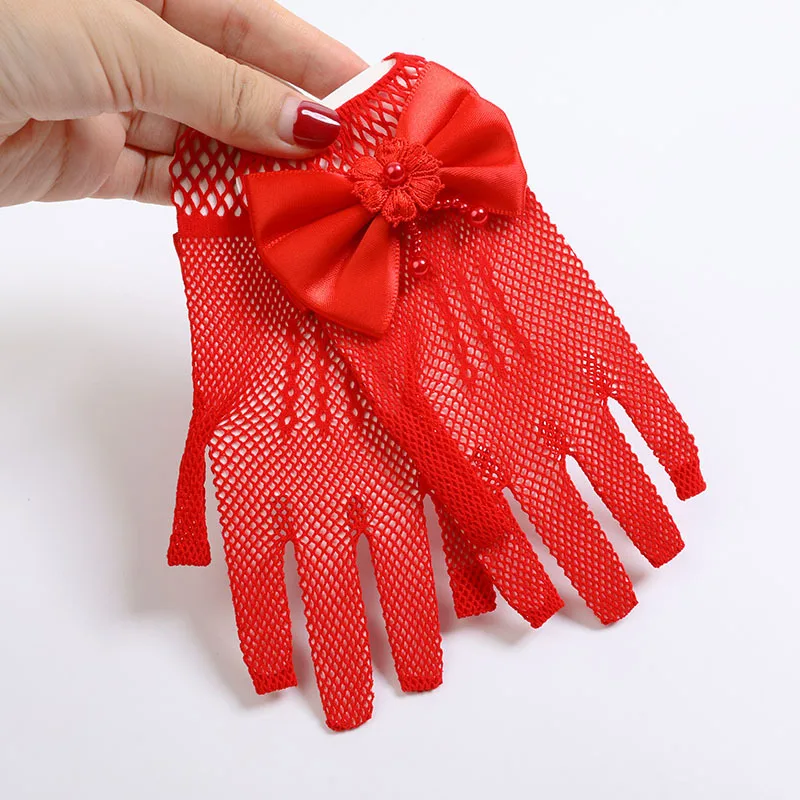 Kids Party Lace Pearl Fishnet Gloves Communion Flower Girl Party Gloves Children's Glove High Elasticity Mesh Bow Gloves