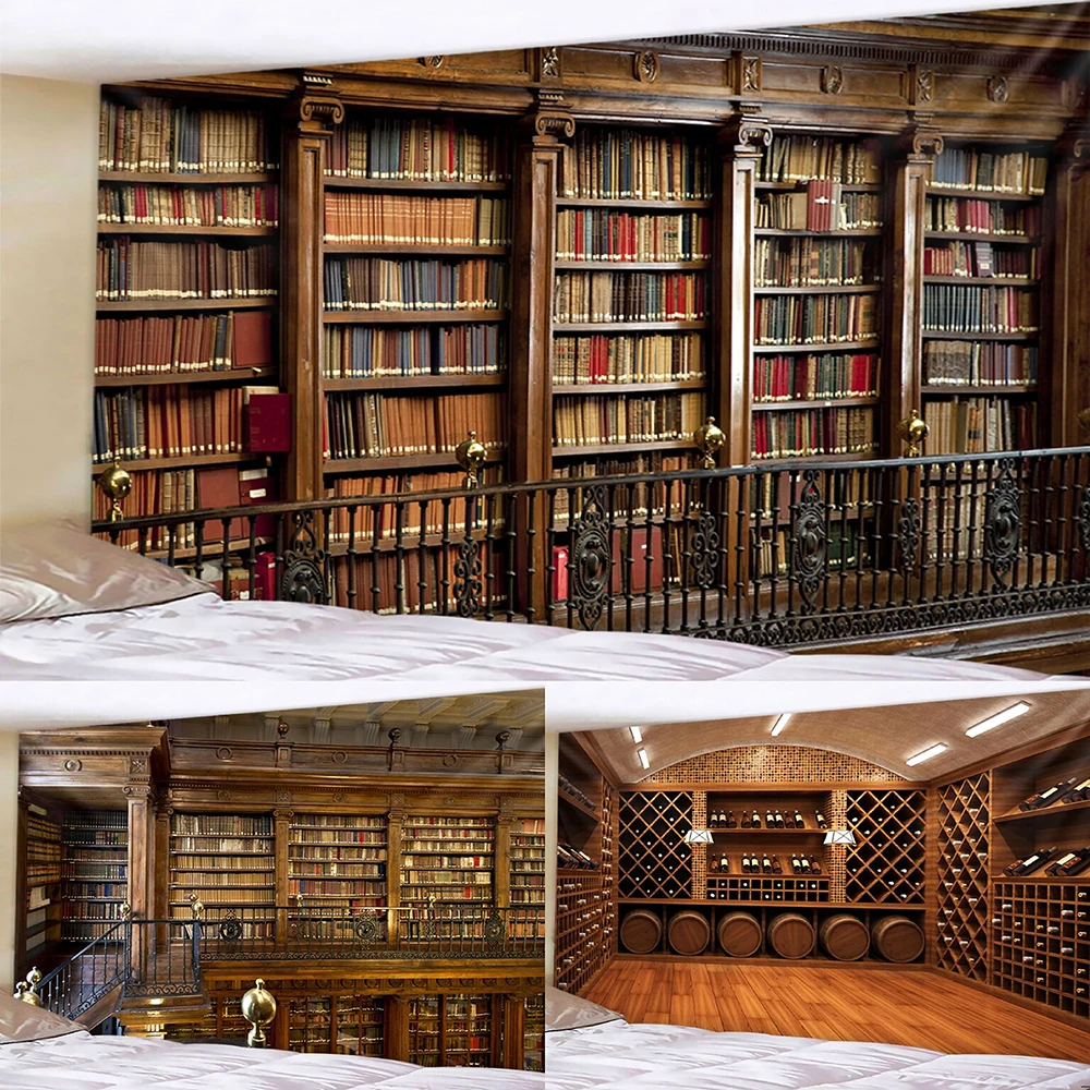 Retro Bookshelf Wine Cabinet 3D Tapestry Art Wall Hanging Cover Copriletto Throw Home Bedroom Decor Misteriosa Biblioteca