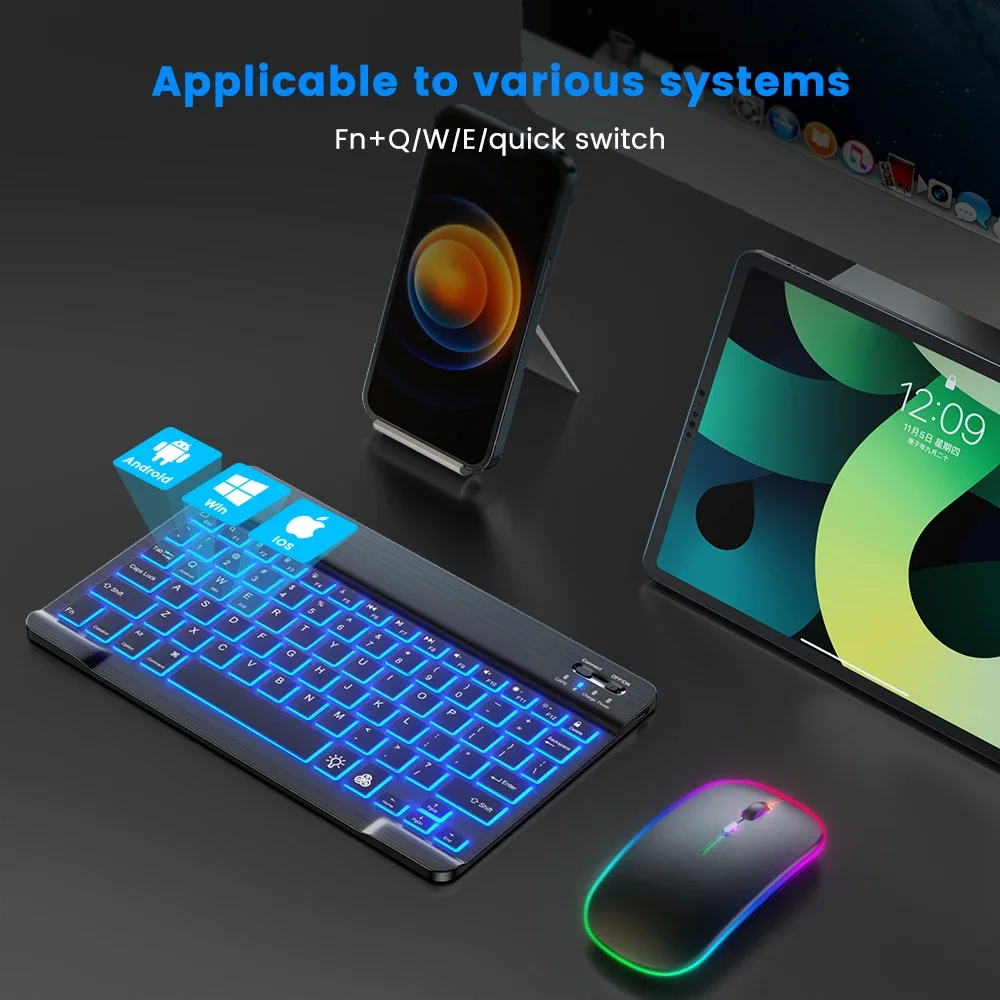 Mini Backlit RGB 10inch Bluetooth Keyboard Wireless mouse Rechargeable for IOS Android Windows Teclado For iPad Samsung Tablet