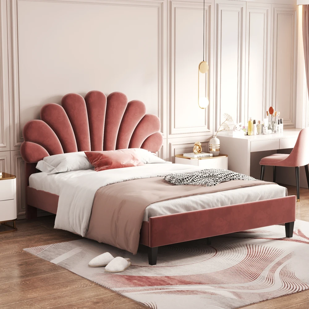 Polsterbett Doppelbett 140 x 200 cm, Bettgestell mit blumenförmigem Kopf und Gitter, Bett für Erwachsene und Jugendliche aus hautfreundlichem Samt – Detail 3