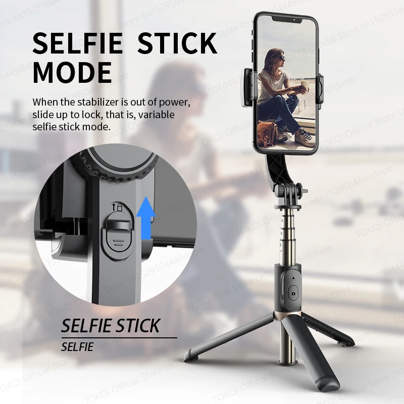 Stabilisateur perche selfie trépied anti-secousse 3 axes plié et rangé dans un étui de transport