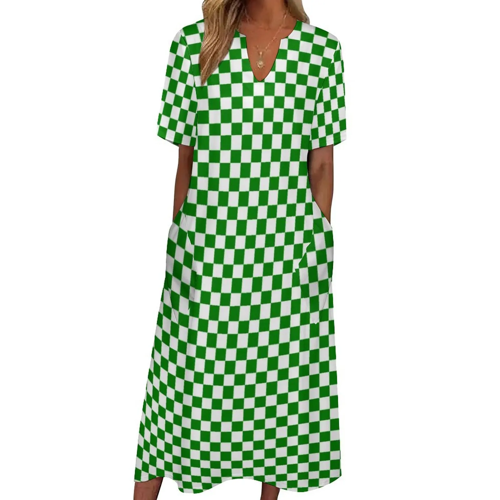 

Plaid Print Dress Green And White Checkered Kawaii Maxi Dress Fashion Boho Beach Long Dresses Summer V Neck Design Vestidos