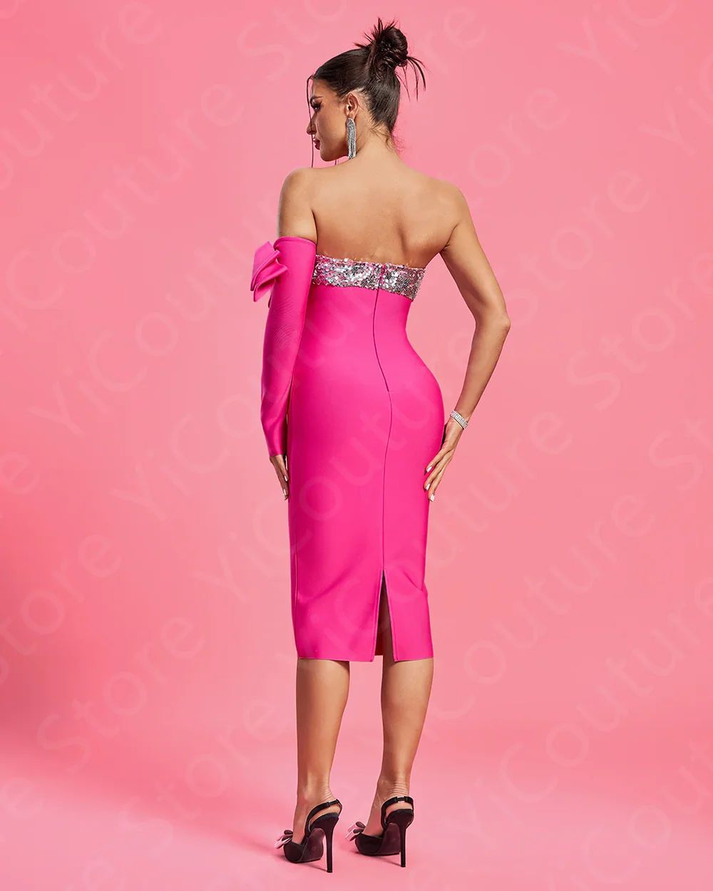 Hot Pink Cocktail Party Dresses Mid Calf Length Homecoming Gowns Off Shoulder Sleeve Pageant Dresses Sequined