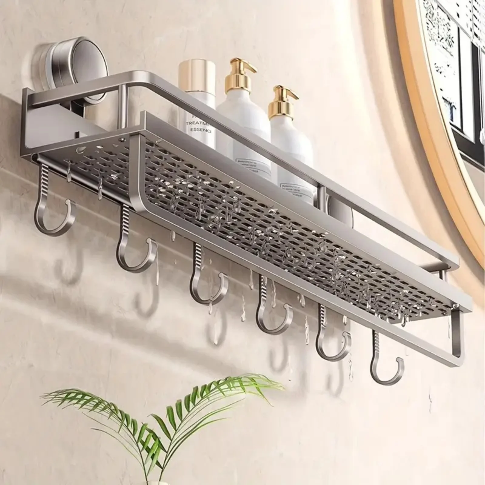 Bathroom Shelf Suction Cup Shampoo Holder Makeup Storage Organizer Aluminum Shower Shelf Bathroom Organizer No Drill Wall Shelf 5