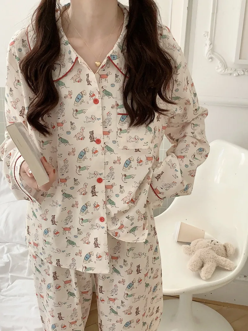 Cute Cartoon Print Autumn Winter Pajama Set Women Long Sleeve Cotton  Sleepwear Tops + Pants Home Suit 2 Piece Sets Out Wear S271