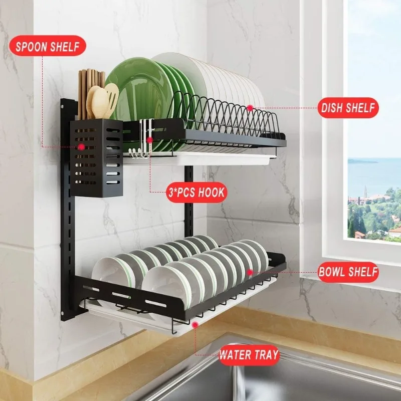 Kitchen Dish Rack,Hanging Silverware Dish Drying Rack Organizer Storage Shelf Over The Sink,2 Tier Wall Mount Bowl Holder