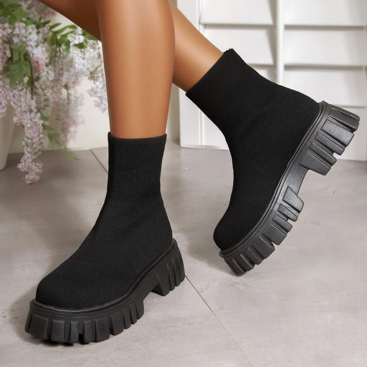 Knit Breathable Ankle Boots Autumn 2025 New Round Toe Sleeve Platform Non-Slip Wear-Resistant Block Heel Booties
