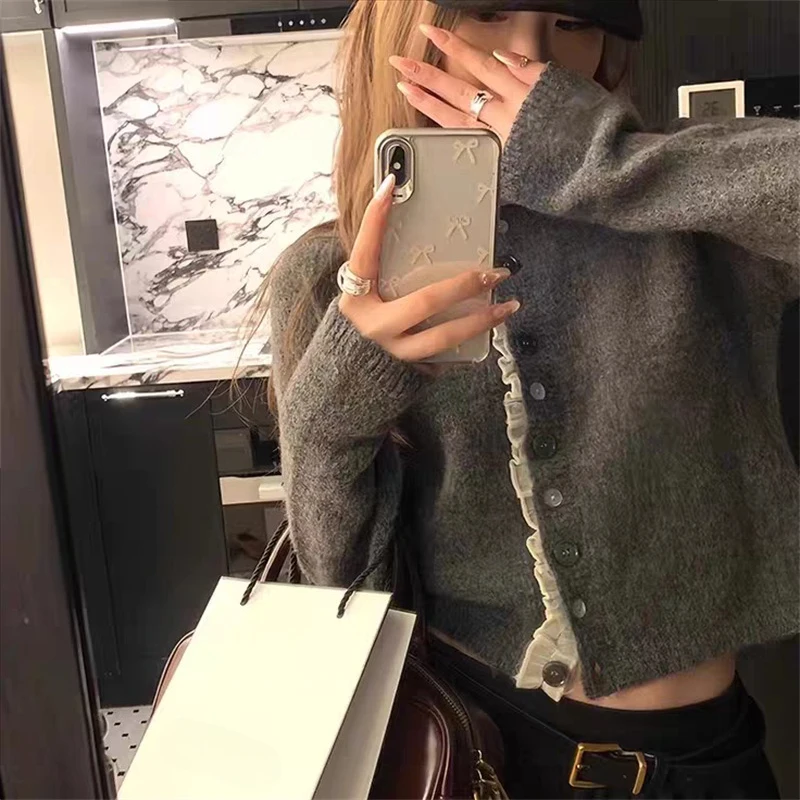 Women Knitted Lace Ruffles Long Sleeve Elegant Cardigan Sweater
