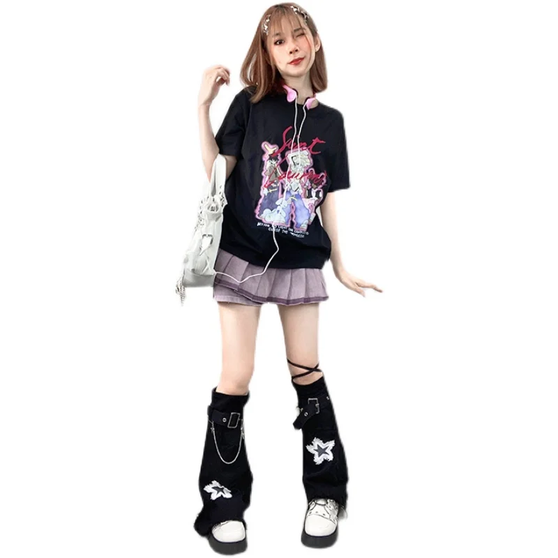 Original Design Denim Leg Warmer Y2K Sub-Culture Thin Black Bunching Socks Hot Girl Hip Hop Tube Socks Long Sock Stockings