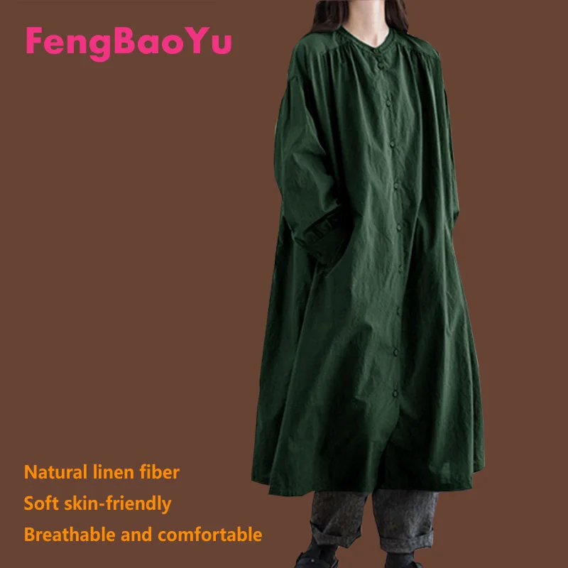 

Женская длинная рубашка с длинным рукавом Fengbaoyu, свободная черная льняная рубашка с круглым вырезом для весны и осени
