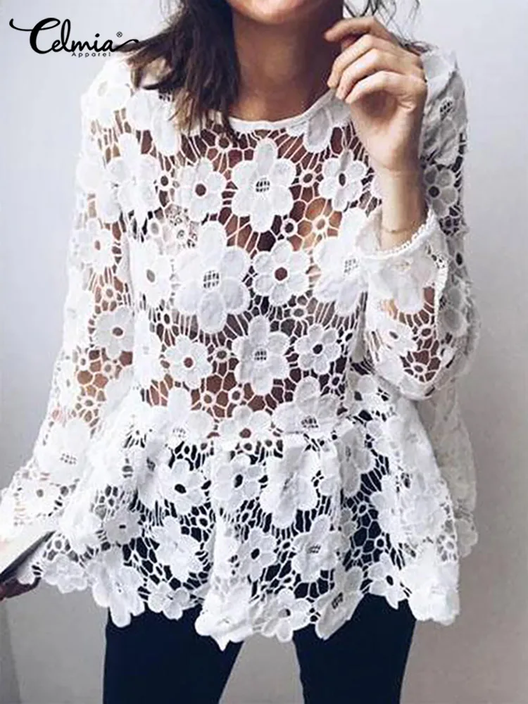 Sexy Lace Women Blouses Hollow Out Crochet Lace Blouse Tops Long Sleeve White Blusas y Camisas Mujer Sexy Shirt Women Blusas